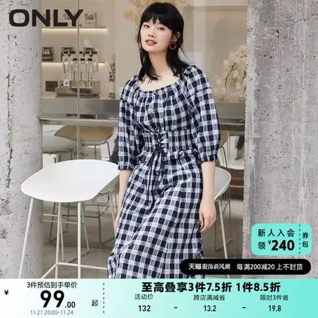 ONLY奥莱夏季复古格子气质收腰显瘦单排扣连衣裙女图片