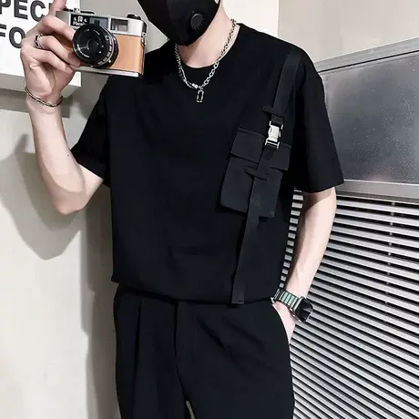 短袖t恤2023夏季个性口袋设计潮男痞帅半截袖上衣新款发型师体恤商品大图