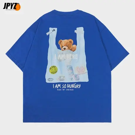 短袖潮牌纯棉大码圆领半袖小熊克莱因蓝上衣宽松体恤新款情侣T恤图片