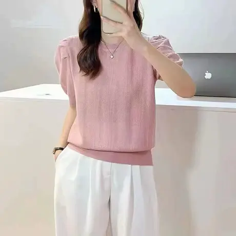 2023新款夏季女士针织衫上衣罩衫宽松短袖套头冰丝薄款镂空防晒衫商品大图