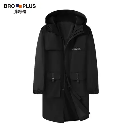 胖哥哥大码休闲中长款风衣男新款加肥加大宽松男装连帽外套秋季款商品大图