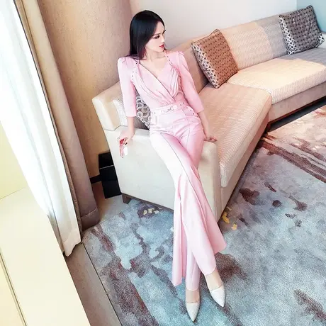 VJE春季女装七分袖连体裤新款气质抽皱收腰修身连身微喇叭裤图片