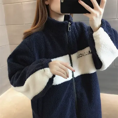 羊羔绒外套开衫女士拼色2023冬季新款韩版长袖减龄休闲风卫衣宽松图片