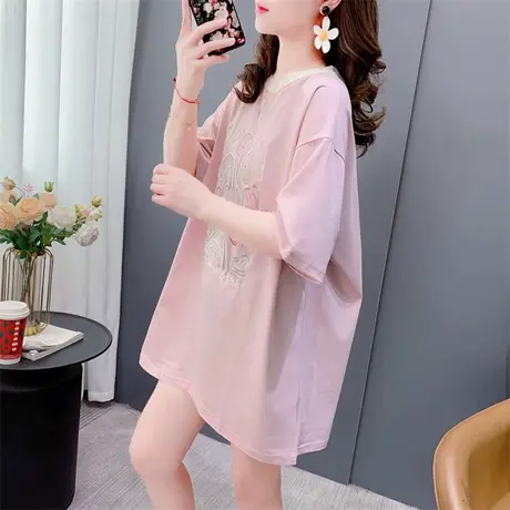 休闲宽松中长款短袖t恤女2023夏季新款洋气减龄显瘦设计感上衣ins商品大图