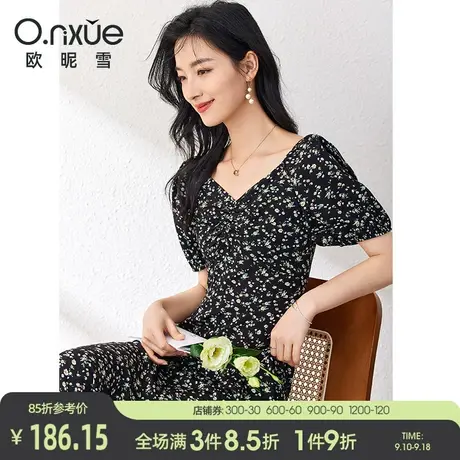 欧昵雪2023夏季新款品连衣裙女气质方领泡泡袖高腰开叉短袖印花裙图片