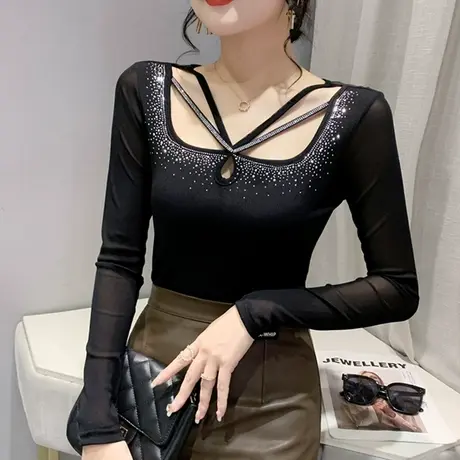 欧货性感镂空上衣女士重工烫钻设计感小众T恤长袖网纱拼接打底衫图片