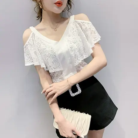 性感露肩镂空蕾丝短袖女夏装小众心机荷叶边上衣洋气百搭T恤女潮图片
