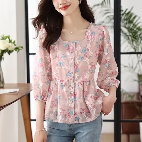 夏款女衬衫雪纺短袖2023新款碎花仙女上衣超仙甜美设计感小众中袖商品大图