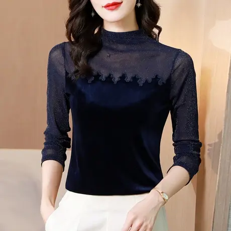 亮丝网纱打底衫女2023新款洋气高领拼接小衫内搭修身长袖蕾丝上衣图片