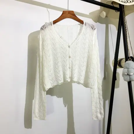 镂空长袖针织开衫女宽松早秋新款韩版配吊带裙子短款披肩上衣罩衫商品大图