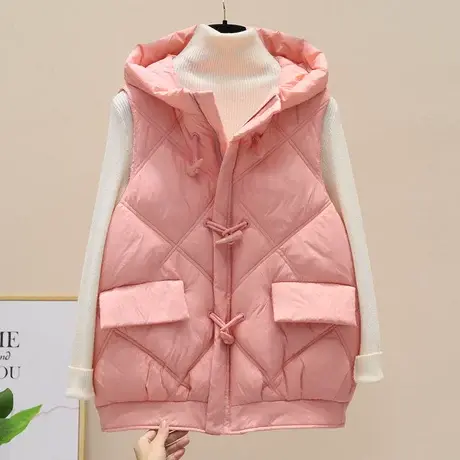 羽绒棉马甲女连帽外套2023年秋冬新款外穿时尚百搭坎肩牛角扣背心商品大图
