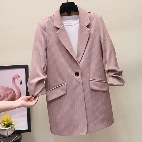2023春夏新款条纹小西装女宽松休闲港风chic一粒扣中袖西服外套潮图片