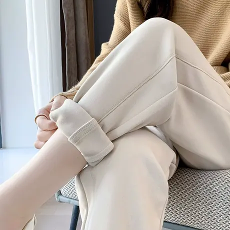 杏色运动裤女秋冬2023新款小个子加厚束脚宽松休闲卫裤九分哈伦裤商品大图