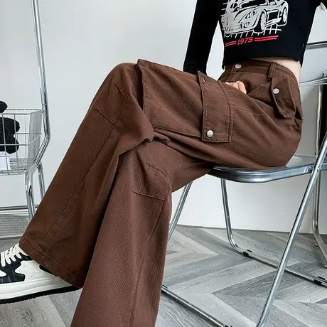 复古棕色工装裤女美式高个子小众口袋设计感高腰宽松直筒牛仔裤潮图片