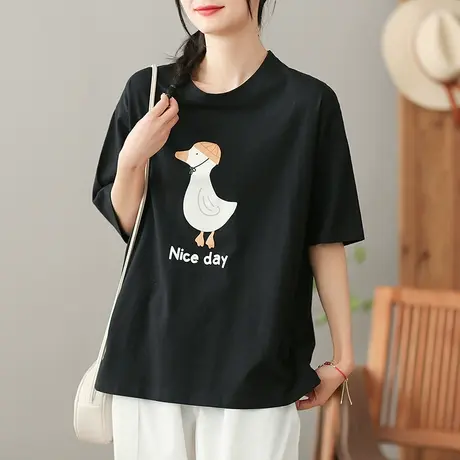 dza文艺复古纯棉女T恤2023夏季新款圆领短袖体恤气质漂亮打底上衣图片