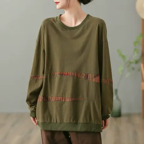 dza 复古短款圆领休闲拼接卫衣女2023秋新款宽松显瘦长袖套头上衣图片