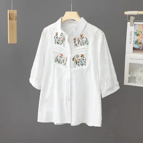 夏季新款短袖刺绣衬衫女短款宽松百搭衬衣文艺POLO领中袖小衫上衣商品大图