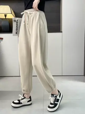 运动裤女春秋2023新款小个子灰色高腰休闲裤宽松显瘦加绒灯笼卫裤图片