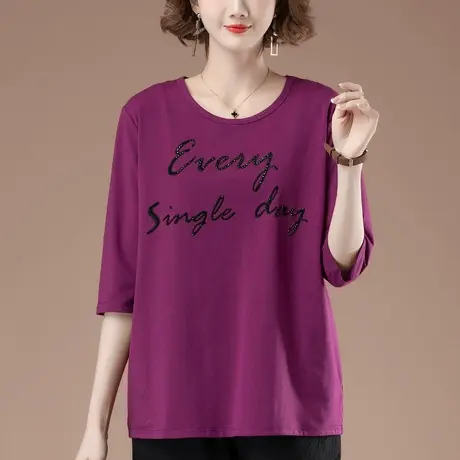 春夏新款七分袖t恤女加肥加大码女装宽松妈妈遮肚百搭中袖打底衫图片