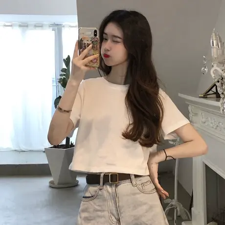 网红ins短款t恤少女感百搭露肚脐纯色半袖上衣泫雅风宽松短袖体恤图片