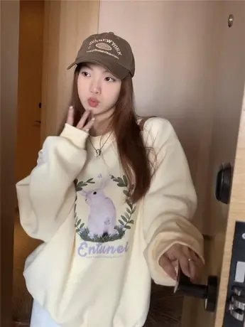 vintage美式奶fufu圆领卫衣女2024新款高级感宽松加绒情侣装上衣图片