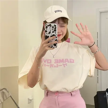 盐系少女2023新款韩版夏装百搭宽松字母温柔风纯棉短袖T恤女宽松商品大图