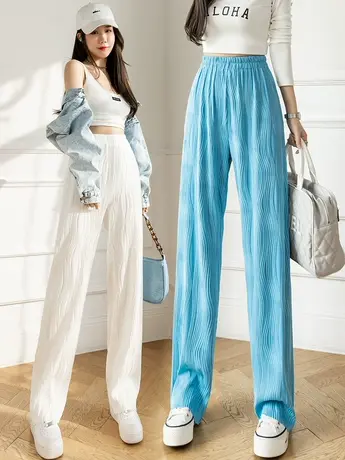 高个子170水波纹休闲阔腿裤女宽松直筒长裤175春夏高腰垂感拖地裤图片