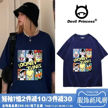 欧美卡通藏蓝色t恤女短袖宽松韩版大码bf风ins夏季纯棉半袖体恤衫商品大图