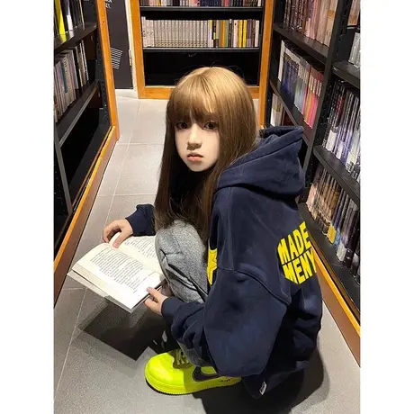 美式高街风连帽卫衣oversize大码宽松上衣ins潮情侣秋冬加绒外套商品大图