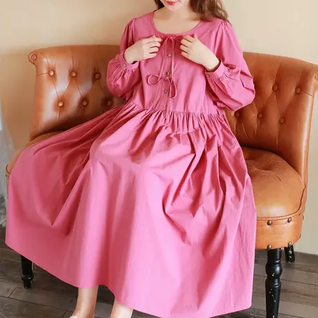 【买一送一】春显瘦遮肉水粉棉质连衣裙加大码新款绷带设计长裙商品大图