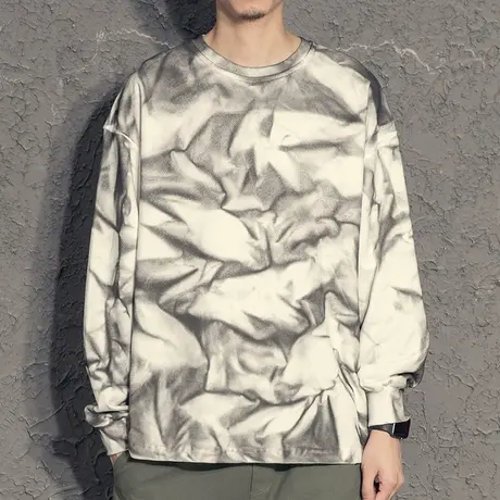 做旧喷绘潮流长袖t恤男秋季2020新款圆领体恤帅气港风秋装上衣男图片