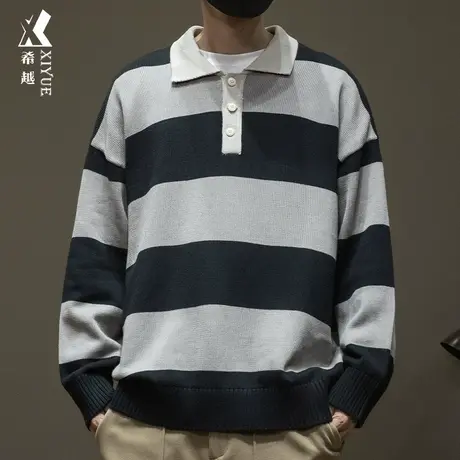 希越男士POLO领毛衣2023秋冬设计感条纹撞色套头针织衫宽松大码潮商品大图