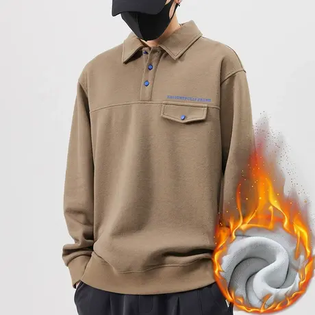 冬季男款加绒加厚半开衫长袖衬衣秋冬款宽松重磅保暖防寒翻领卫衣商品大图