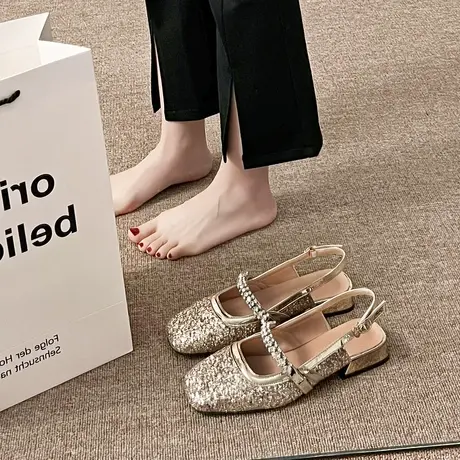 法式水钻亮片水晶鞋小方头玛丽珍包头夏2023年新款粗跟后空凉鞋女商品大图