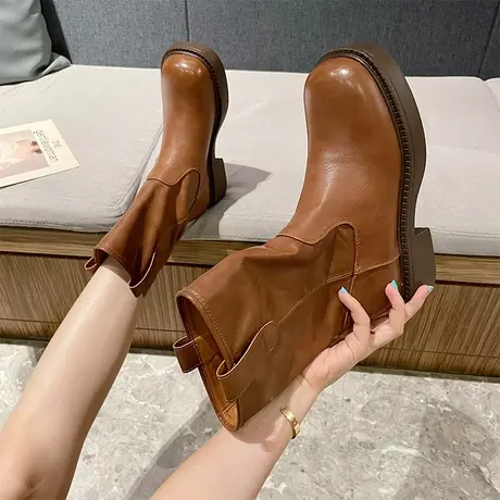 棕色粗跟短靴女2024新款秋冬季时尚圆头瘦瘦靴小个子短筒靴及裸靴图片