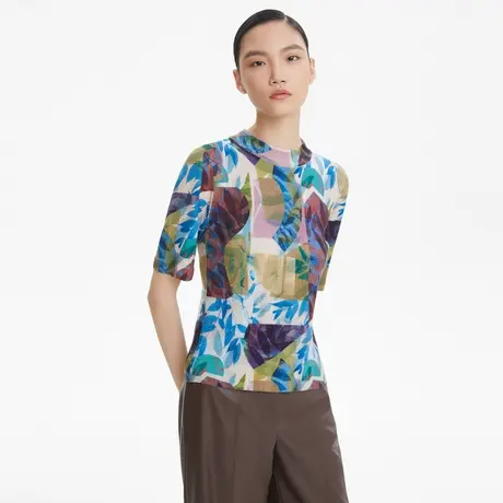 LANCY/俪雅秋季圆领印花绵羊毛通勤风女式针织衫奥莱图片