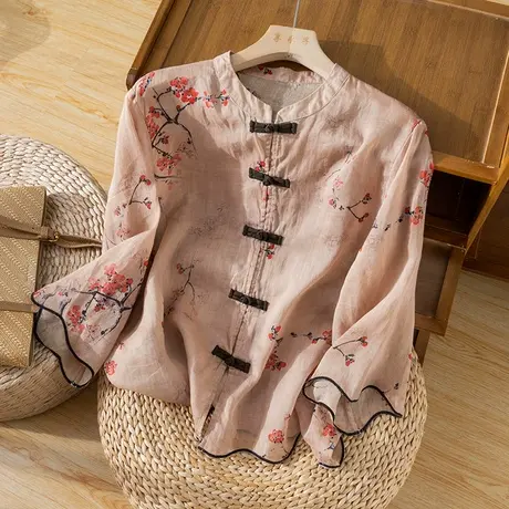 享永子印花苎麻衬衫女高级感文艺复古设计感小众上衣2024秋季新款图片