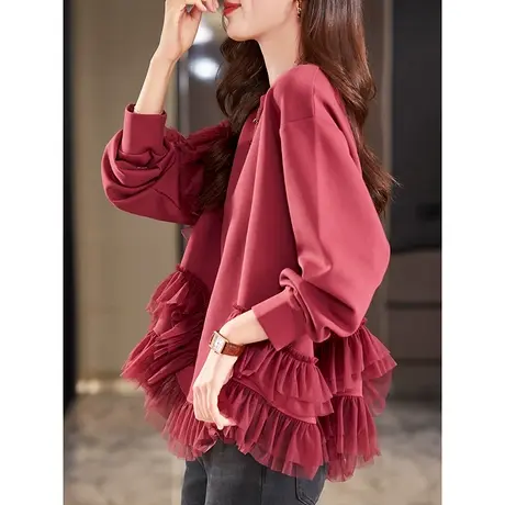 宝诗黎圆领网纱拼接纯色棉质卫衣时尚设计感减龄上衣2023秋季新款商品大图