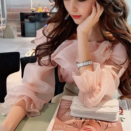 粉红大布娃娃2022新款甜美设计感花苞领珍珠纯欲喇叭袖衬衫上衣女商品大图