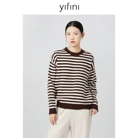 Yifini/易菲宽松撞色圆领条纹针织衫女冬季新款保暖打底衫商品大图