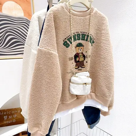 ins日系甜美学院羊羔绒上衣~韩代款秋冬奶呼呼毛毛卫衣假两件宽松商品大图