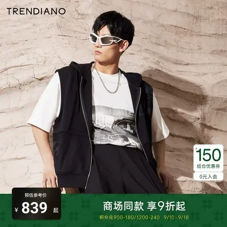 TRENDIANO官方2023新款秋季解构拼接港风印花设计连帽马甲男潮商品大图