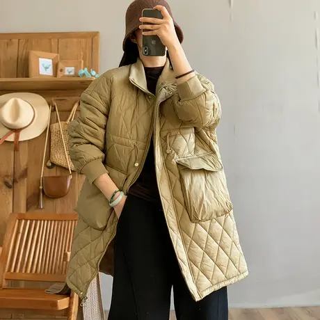 dza 复古中长款翻领菱格保暖棉衣外套女冬宽松大口袋漂亮棉服上衣商品大图