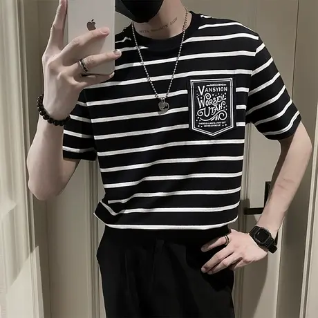 条纹短袖t恤男夏季百搭设计感原宿学生ins潮牌网红薄款半截袖体恤商品大图
