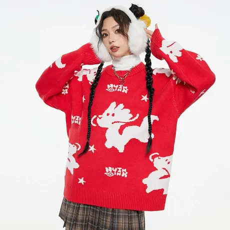 nuthink国潮提花红色龙年本命年新年过年毛衣男春节喜庆针织衫潮图片