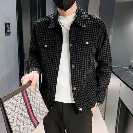 春秋夹克外套上衣男装修身翻领网红潮牌ins潮流格子时尚简约百搭商品大图