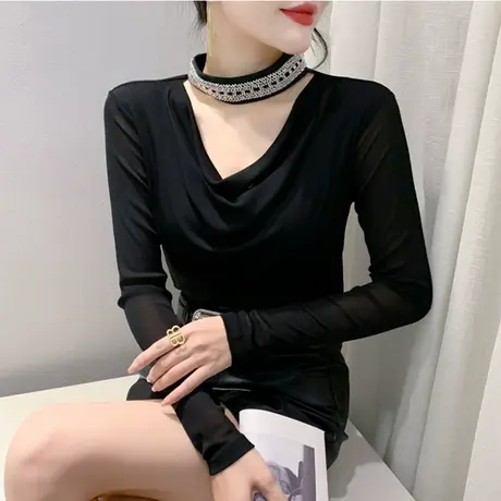 2024春装新款T恤堆堆领黑色打底小衫女修身网纱洋气内搭长袖上衣商品大图