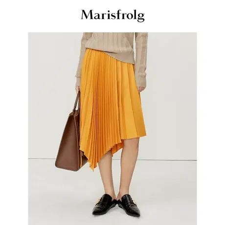 #多巴胺穿搭# 玛丝菲尔春季新款橙色百褶不规则设计半身裙时尚商品大图