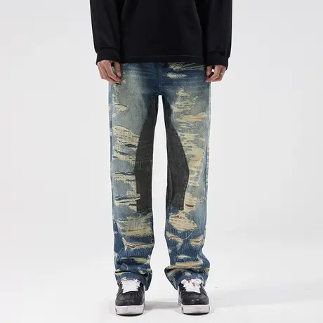 美式破洞补丁牛仔裤男潮牌宽松休闲高个子加长版大码阔腿直筒裤子商品大图