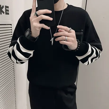 设计感拼接假两件卫衣t恤男春季2024新款ins韩版宽松休闲圆领上衣图片